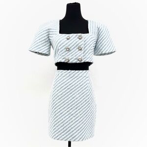 ALESSANDRA RICH Cropped Striped Cotton-Blend Tweed Jacket Skirt Blue Set 44